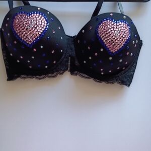 Black Lace Bra with Pink and Blue Heart Accents